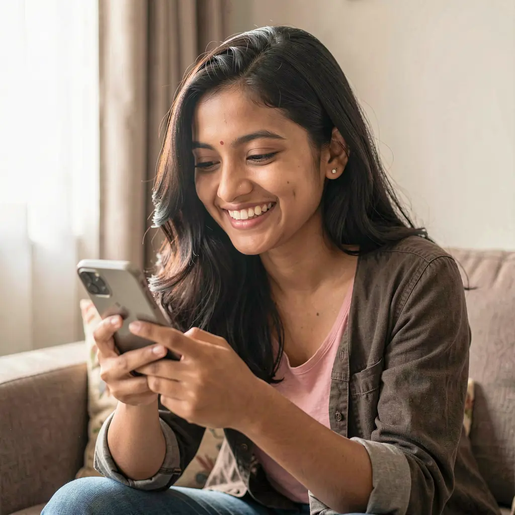 Smiling Bangladeshi woman enjoying mobile gaming with the KASH7777 app in a comfortable indoor setting