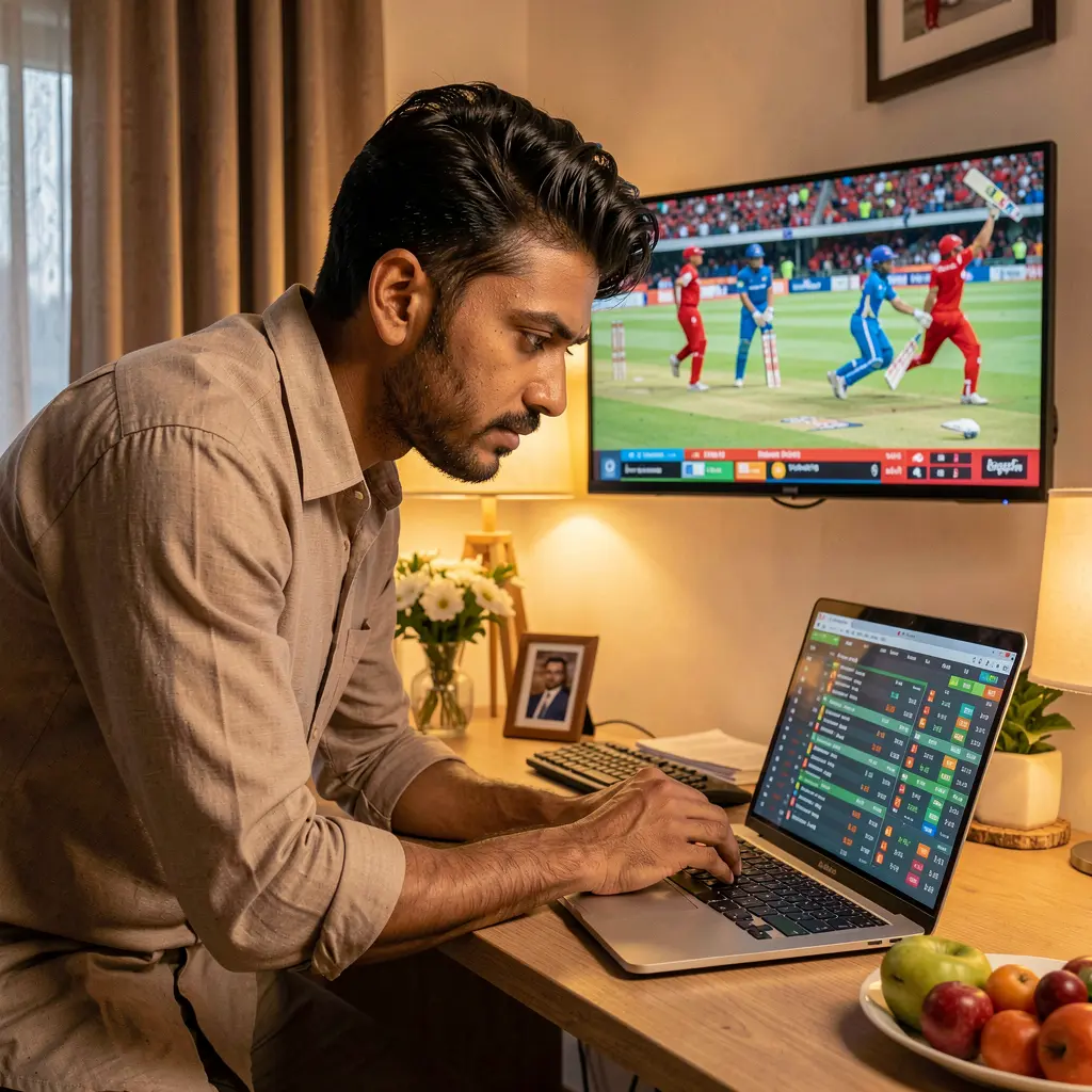 Focused Bangladeshi sports bettor analyzing live cricket odds on a laptop with KASH7777 while watching match highlights on TV at home
