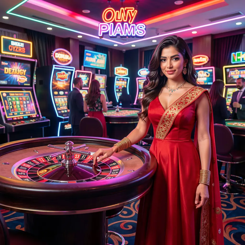 Stylish casino atmosphere with a woman in a glamorous red dress near a roulette table showcasing the premium gaming experience at KASH7777 for players in Bangladesh