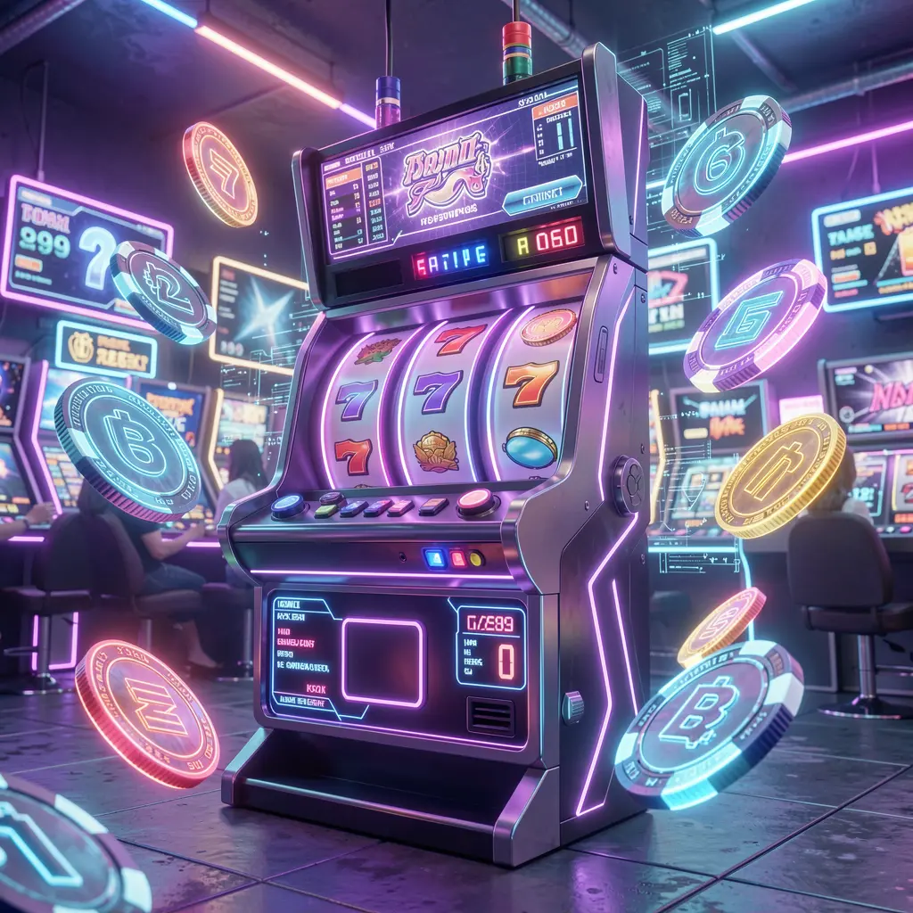 Close up of a modern slot machine with bright digital reels and scattered coins highlighting the fast paced slot action available at KASH7777